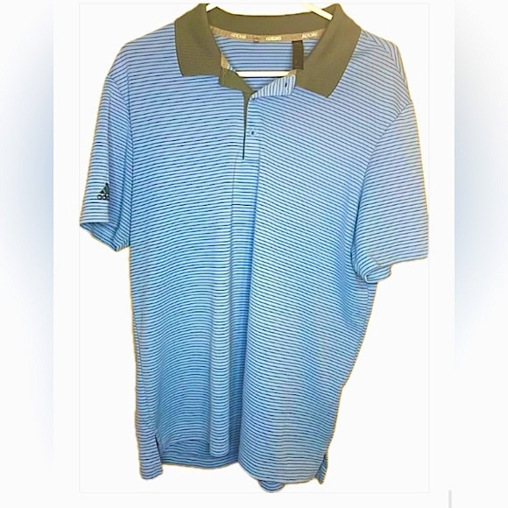 Adidas dry fit polo shirt. Size L. Blue with gray stripes.